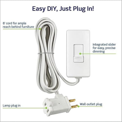 Leviton TBL03-10W, Dimmer Atenuador para Lámpara, Para uso con focos Incandescente, LED y CFL, Cordon de 1.8 m, color Blanco
