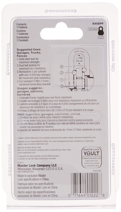 Master Lock Candado de alta seguridad con llave diferente y cuerpo de acero sólido de 6.35 cm, 1-1/8-Inch Shackle, N/A