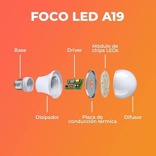 Tecnolite - Pack de 10 Focos LED Modelo A19, Focos Ahorradores, 8.5 Watts de Potencia, con Base E27, 800 lumens, Iluminación Interiores, Color de Luz Cálida, 3000 K, 100 - 240 Volts
