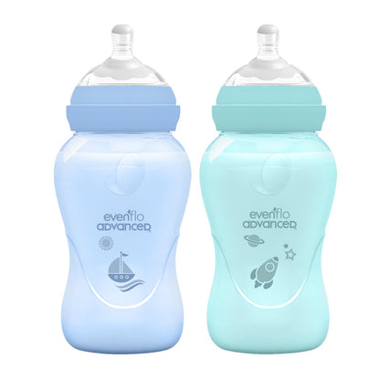 Evenflo Advanced Biberones Anticólicos Cuello Ancho, Azul y Teal, Flujo Medio, 270ml, Silicón Libre de BPA, Sistema Doble Válvula, 2 Piezas