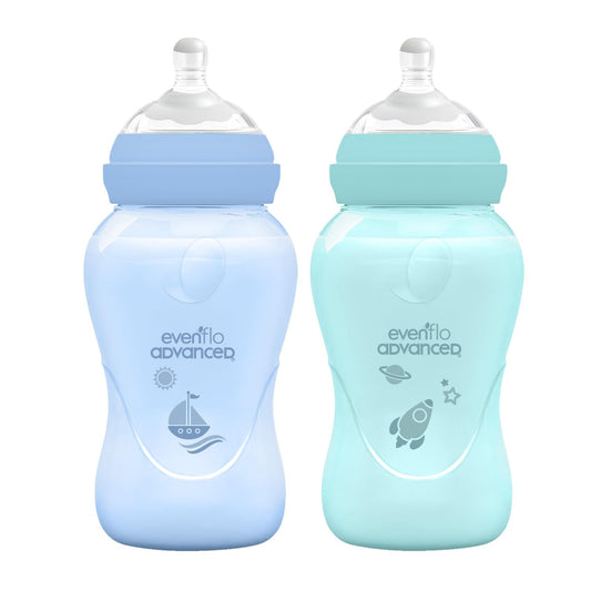 Evenflo Advanced Biberones Anticólicos Cuello Ancho, Azul y Teal, Flujo Medio, 270ml, Silicón Libre de BPA, Sistema Doble Válvula, 2 Piezas