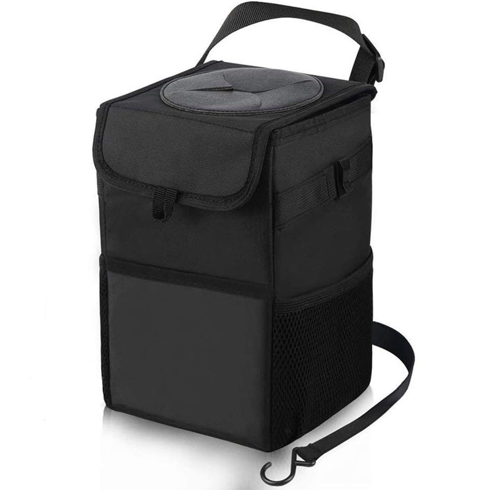 Kartisen - Papelera para automóvil con tapa y bolsillos de almacenamiento, 100% a prueba de fugas, impermeable, cubo de basura multiusos para automóvil