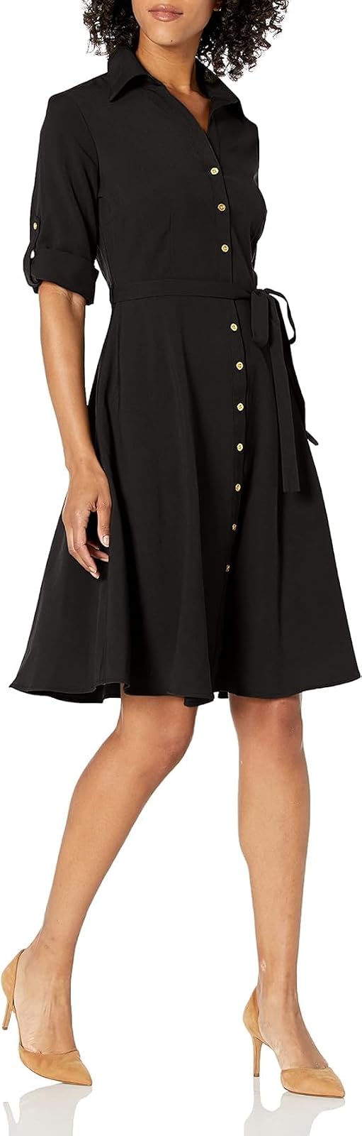 Sharagano Vestido Camisero Plisado con Botones para Mujer - Muy negro - 18