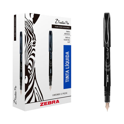 Zebra Pluma Fuente Desechable Z-Fountain Pen Tinta Líquida Caja 12 Piezas Color Negro.