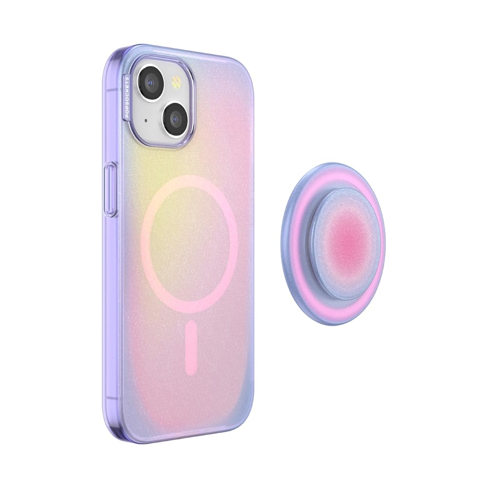 PopSockets - Funda para iPhone 15 con Agarre Redondo para teléfono Compatible con MagSafe, Funda de teléfono para iPhone 15, Compatible con Carga inalámbrica, Aura
