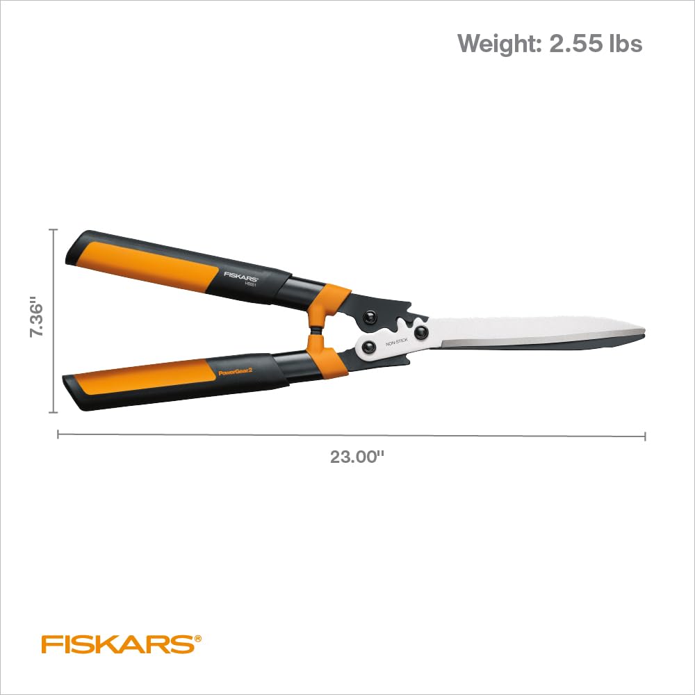 Fiskars - Tijeras de setos de 23 pulgadas, cortadora de arbustos con tecnología PowerGear2 que multiplica la potencia para menos esfuerzo, asas SoftGrip con parachoques que absorben los golpes
