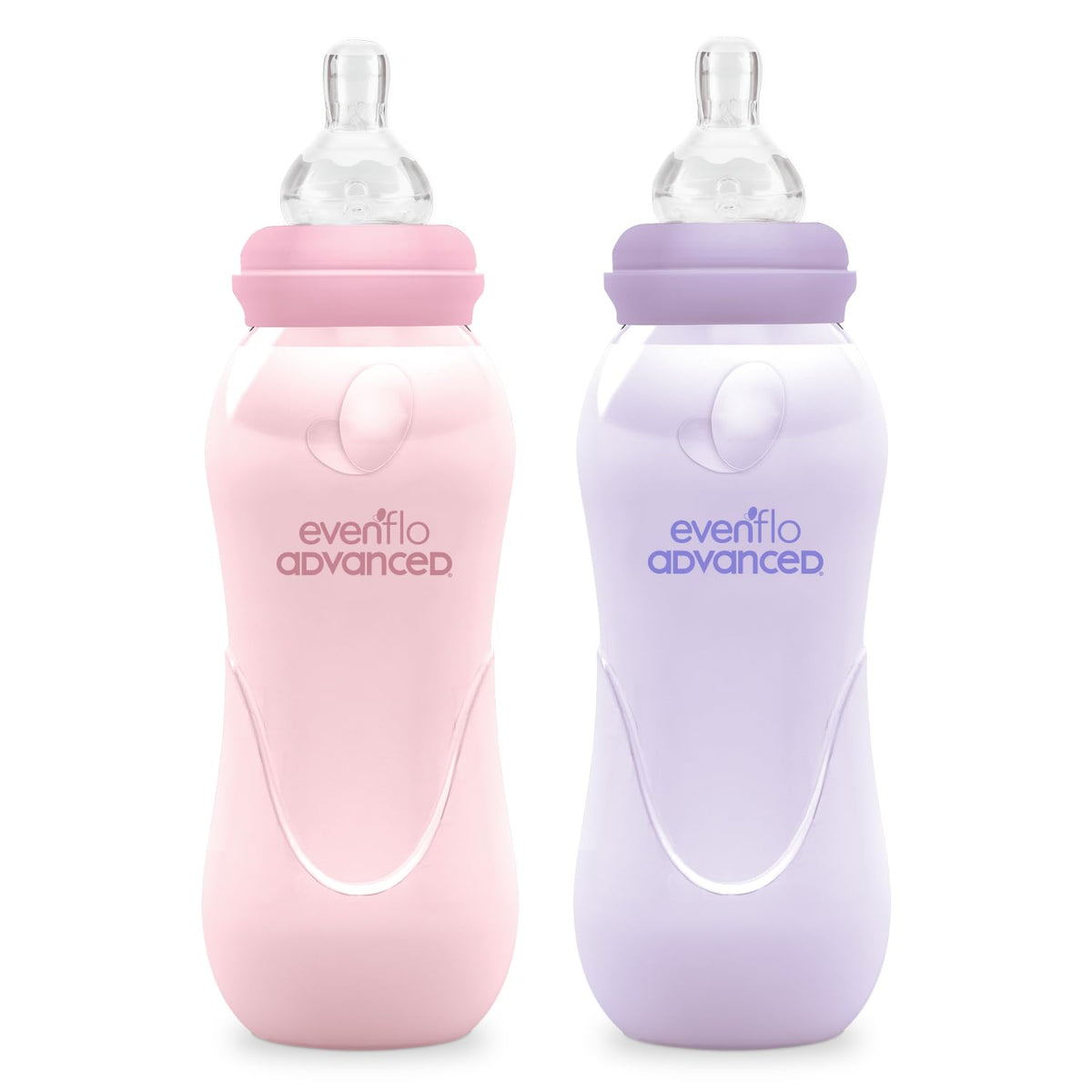 Evenflo Advanced Biberón Anticólicos, Cuello Estándar, Rosa/Morado, Silicón Libre de BPA, Flujo Medio, 240ml, 3+ Meses, 2 Piezas