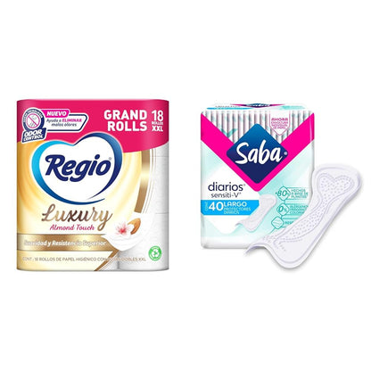 Regio Luxury Almond Touch - Papel Higiénico, Hojas Dobles, 18 Rollos + Saba Diarios Sensiti-v, Protectores Diarios Largos, 40 Piezas, Color, 40 Count, Pack of/Paquete de 1