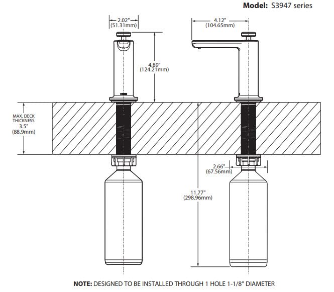 Moen S3946BLS Dispensador de jabón y loción para fregadero de cocina de transición con botella recargable, Moderno, 3.69x11.75x5.88, Oro cepillado