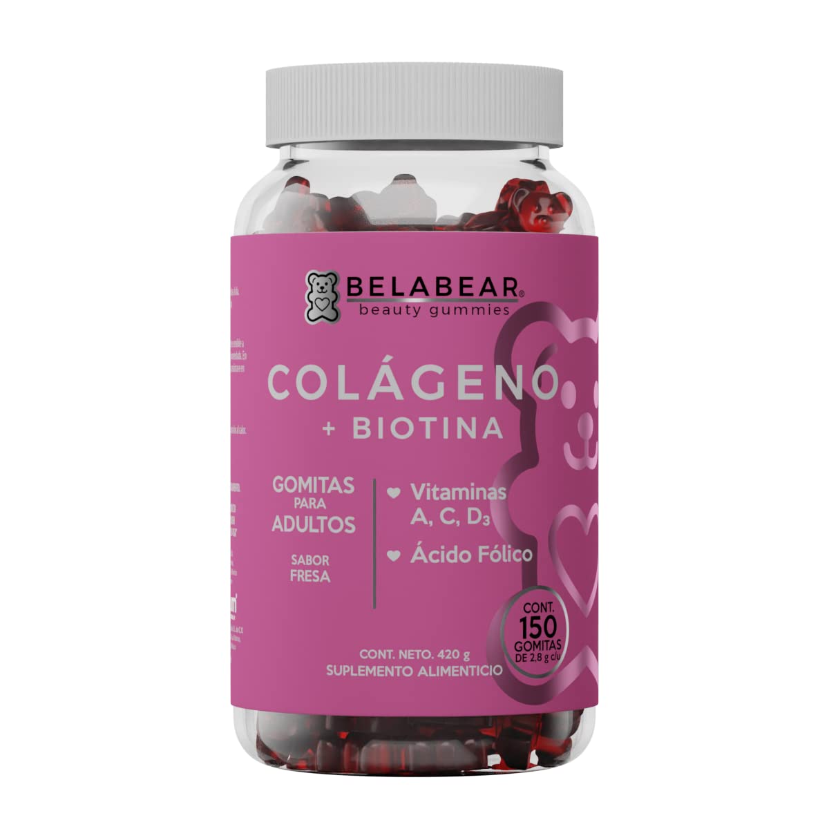 solanum Belabear Colágeno + Biotina con Vitamina A, C, D3, Ácido Fólico 150 Gomitas de 2,8 g c/u