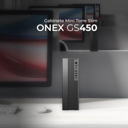 AC-943086 Gabinete Mini Torre Slim Onex GS450/Max MB Micro ATX/Fuente Flex 400 W/8 L/2x USB 2.0 + 1 USB 3.0 + 1x USB Tipo C 3.0 + 1 Mic + 1x Audio/Lector de tarjetas SD/Full Metalico/Elite Negro