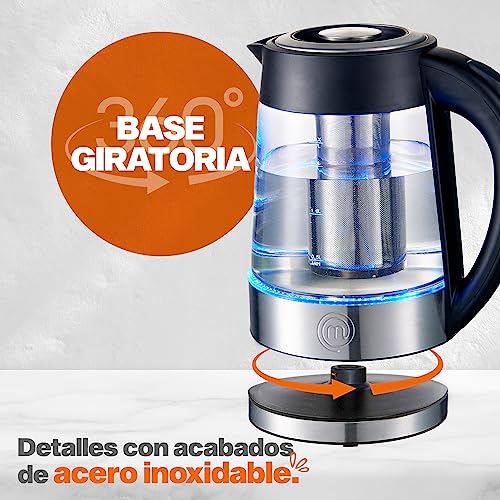 Hukën x Masterchef | Tetera eléctrica Fuse+ | Hervidor eléctrico | Tetera de vidrio | Infusor Removible | Tetera de acero inoxidable Base Giratoria | 1.7 litros