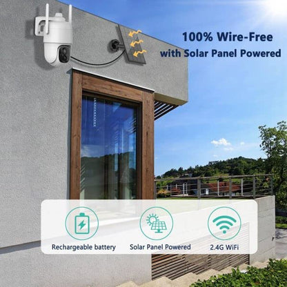 Cámara de Seguridad Solar inalámbrica para Exteriores – Cámara Solar de 2 MP– 1080P Cámara de Seguridad WiFi 2.4G –PIR visión Nocturna a Todo Color 2 vías Audio, 64GB SD Card