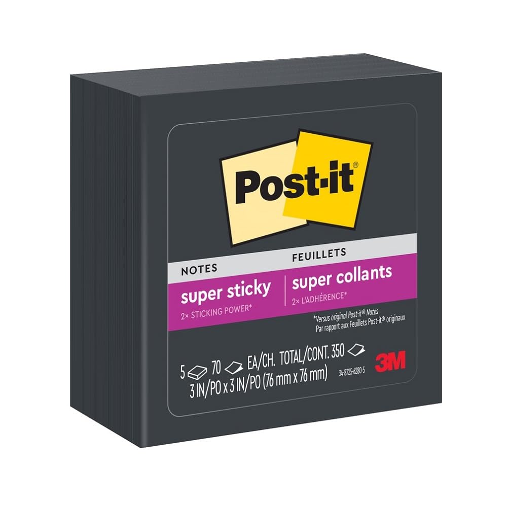 POST-IT 3M Notas Adhesivas 2x Poder de Adhesión Color Negro 350 hojas | Ideales para crear, planear y organizar, Super adhesivas, Multiusos, 76 x 76mm, 5 pads con 70 piezas c/u