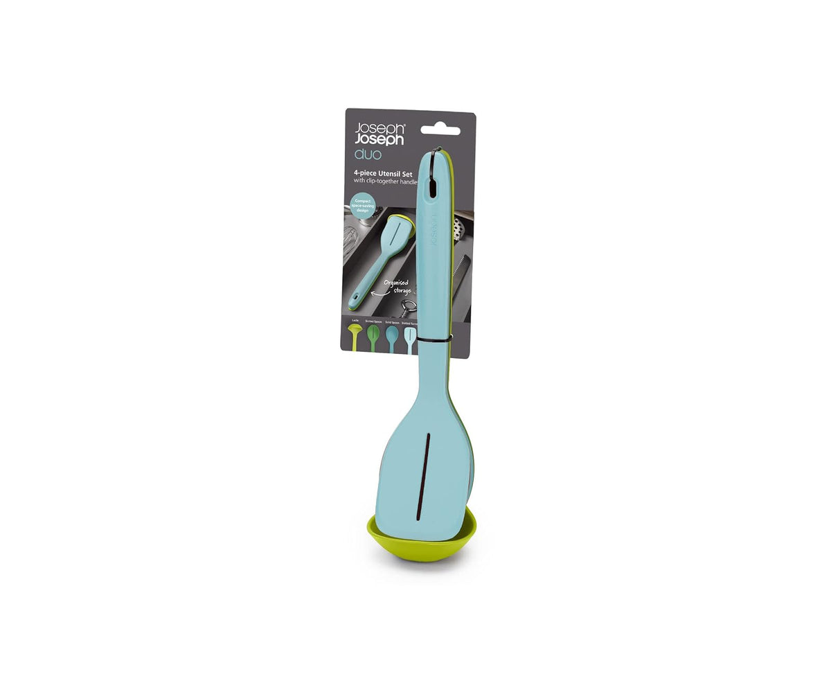 Joseph Joseph Duo Juego de utensilios de 4 piezas resistente al calor con cucharón, cucharas sólidas y ranuradas y volteador; clip de asas para almacenamiento organizado, ópalo