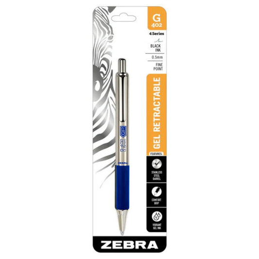 Zebra Bolígrafo G-402 Retráctil Acero Inoxidable Tinta Gel Punto 0,5 mm Blíster 1 Pieza (Azul)