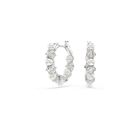 Swarovski Aretes Matrix, Perla de cristal, Talla redonda, Blancos, Baño de rodio