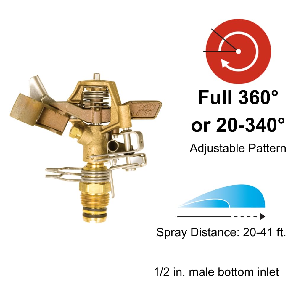 Rain Bird 25PJDAC - Aspersor de Impacto de latón, Ajustable de 20° a 360°, Distancia de pulverización de 20' a 41'