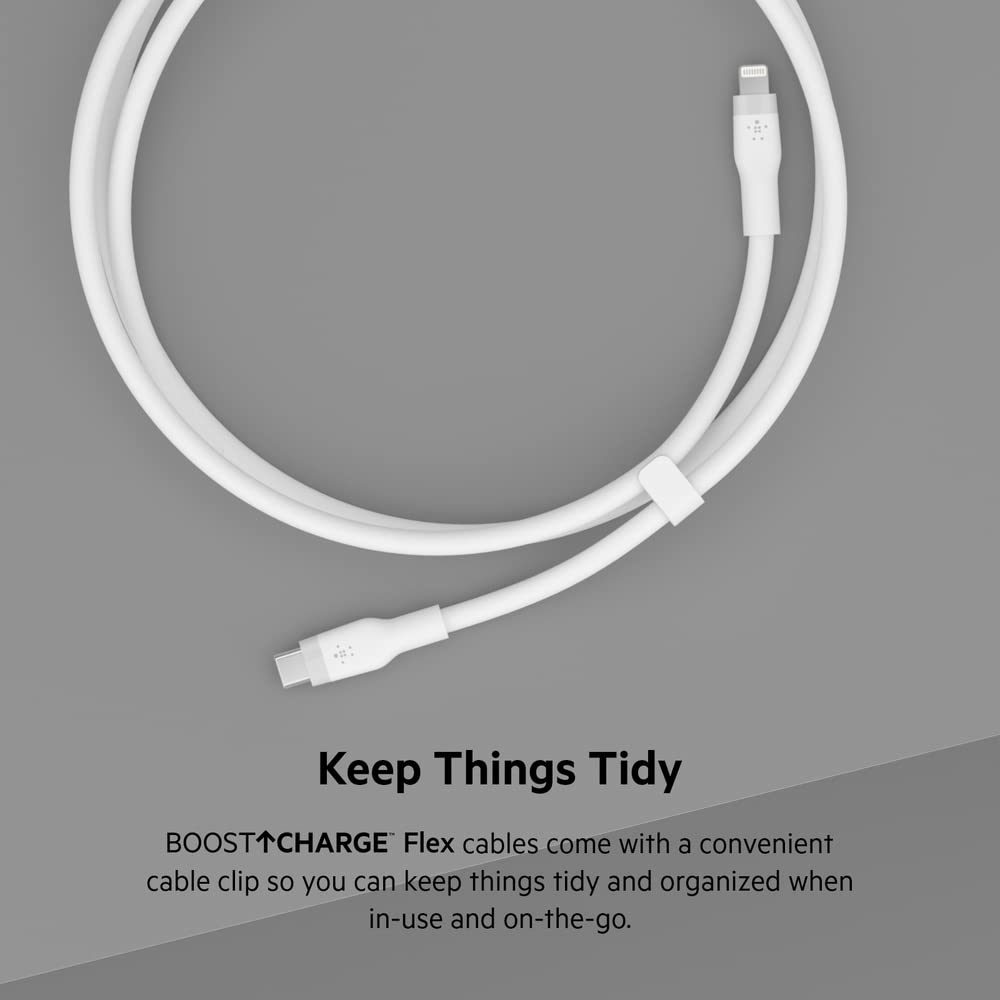 Belkin BoostCharge Flex Cable de silicona USB-C a Lightning (2 m, 6.6 pies), cable de carga certificado MFi para iPhone Series con clip de cable, color blanco