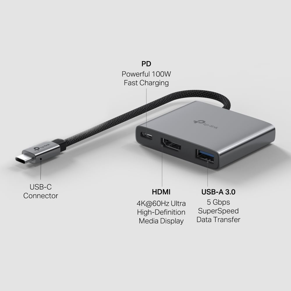 TP-Link USB Type-C 3 en 1 Hub (UH3020C) - 4K HDMI 60Hz, 100W PD de Carga, Puerto USB-A de 5Gbps, Enchufe y Uso, aleación de Aluminio, Cable Trenzado, Compatible con Windows, macOS, iPadOS, ChromeOS,