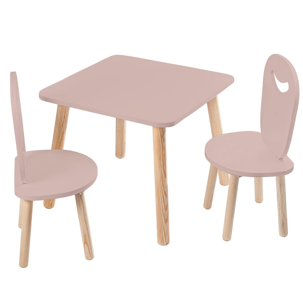 Duduk 2 Sillas Infantiles con Mesa Cuadrada de Madera - Rosa