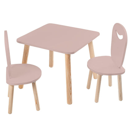 Duduk 2 Sillas Infantiles con Mesa Cuadrada de Madera - Rosa