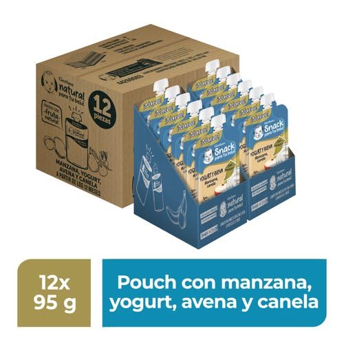 Gerber Snack Para Bebé, A Partir de los 12 Meses, Con Proteína y Sin Azúcar Añadida, Manzana Canela con Yogurt y Avena, Caja con 12 Pouches de 95 g c/u