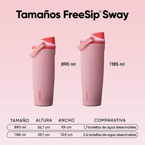 Owala FreeSip Sway Botella de agua aislada de acero inoxidable con boquilla bidireccional, popote integrado y asa tipo cubo, 40 oz, libre de BPA, a prueba de fugas, Pastel De Ángel Rosa