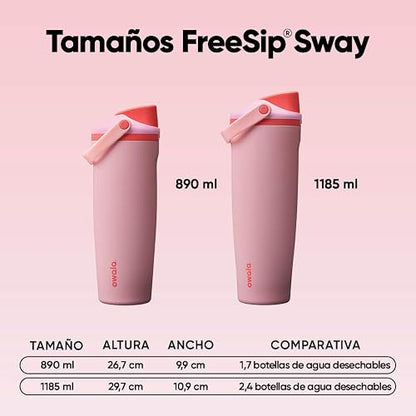 Owala FreeSip Sway Botella de agua aislada de acero inoxidable con boquilla bidireccional, popote integrado y asa tipo cubo, 40 oz, libre de BPA, a prueba de fugas, Pastel De Ángel Rosa