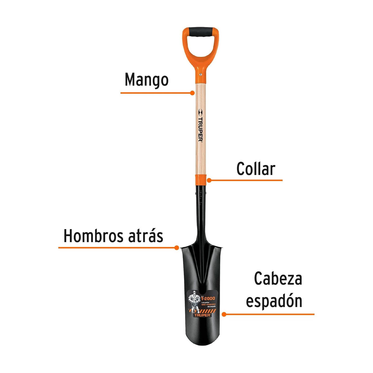 Truper PEP-P, Pala T-2000 espadón, puño "Y", 44 1/4"