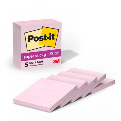Post-it Notas Superadhesivas Almohadillas | 5 almohadillas, 3 x 3 pulgadas, rosa claro, 90 hojas por bloc, suministros de oficina