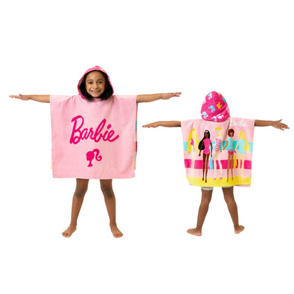 Franco Barbie - Poncho de Toalla con Capucha para niños, Playa, Piscina, baño, Campamento, 24 x 22 Pulgadas, Cubierta de algodón Absorbente, (Producto 100% Oficial de Barbie), Talla L
