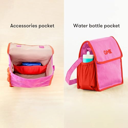Omielife- Bolsa de almuerzo – lavable, plegable, duradera, resistente al agua, con bolsillo interior y soporte externo para botellas, Rosa