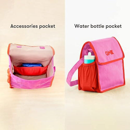 Omielife- Bolsa de almuerzo – lavable, plegable, duradera, resistente al agua, con bolsillo interior y soporte externo para botellas, Rosa