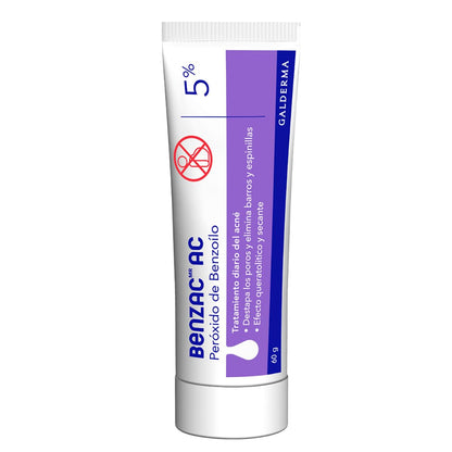 Benzac AC 5% Gel Peróxido de Benzoílo Para Acné Barros Espinillas Piel 60 g | Con peróxido de benzoílo 5% y tecnología AC; auxiliar en acné, ayuda a reducir grasa, barros, espinillas y poros tapados.