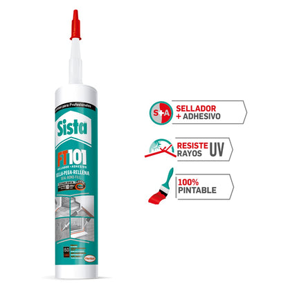 Sista FT101 Sellador Acrílico Elástico para Juntas, Consistencia Tixotrópica, Curado por Humedad Ambiental, para Concreto y Aluminio, Blanco, 1 x 280 ml