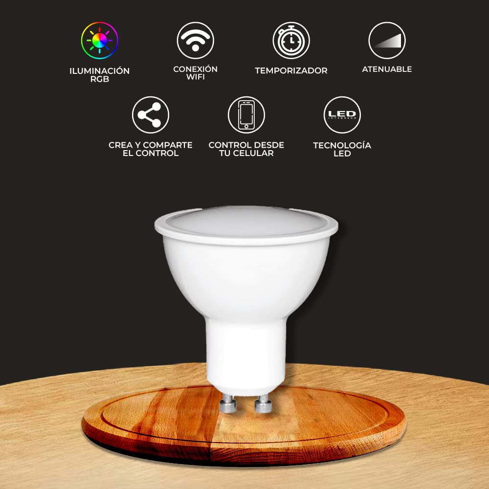 Tecnolite - Foco Inteligente LED de 5W de Potencia, Base GU10, Luz RGB + Blanca, Atenuable, Compatible con App móvil y Asistentes de voz