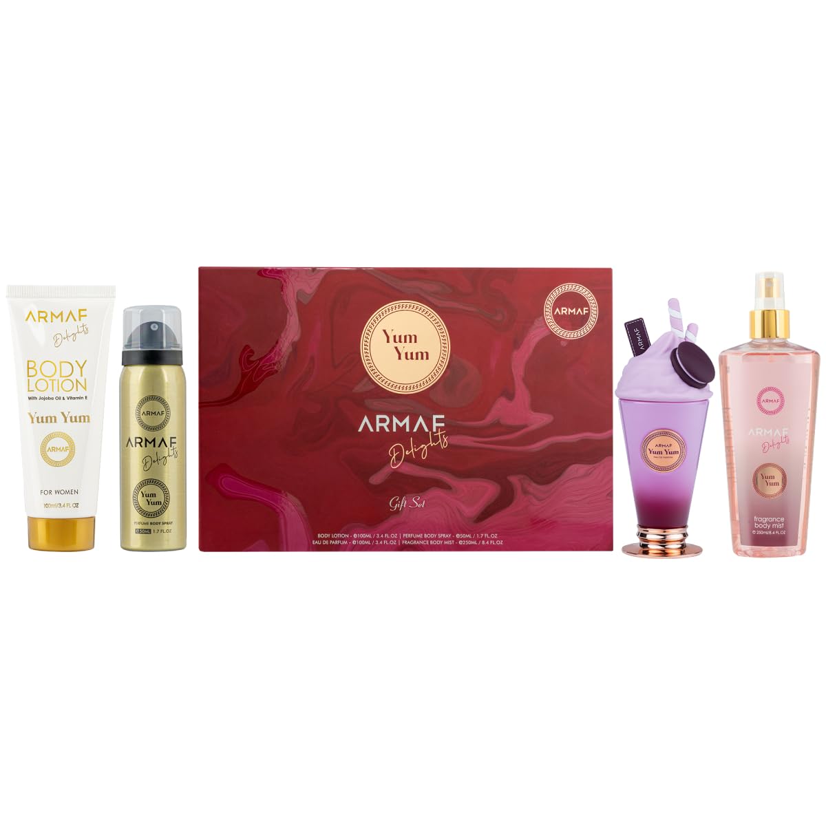 Armaf Yum Yum – Fruity, Floral, Vanilla – 4-Piece Gift Set for Women (3.4 oz Eau de Parfum + 3.4 oz Body Lotion + 1.7 oz Body Spray + 8.4 oz Body Mist)