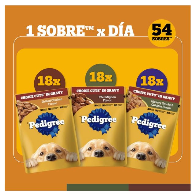 Pedigree Choice Cuts Sobres para Perro Adulto Sabores: Filet Mignon, Beef, Noodles & Vegetables, Hickory Smoked Chicken 54 Piezas 100g c/u