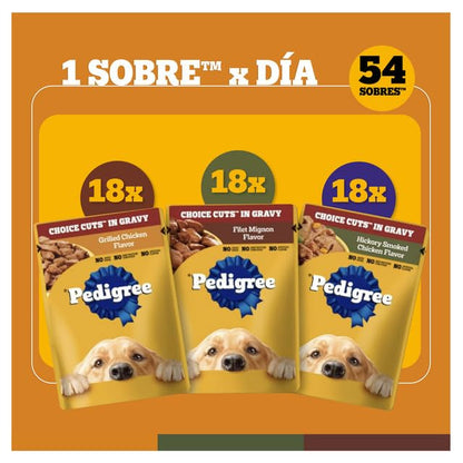 Pedigree Choice Cuts Sobres para Perro Adulto Sabores: Filet Mignon, Beef, Noodles & Vegetables, Hickory Smoked Chicken 54 Piezas 100g c/u