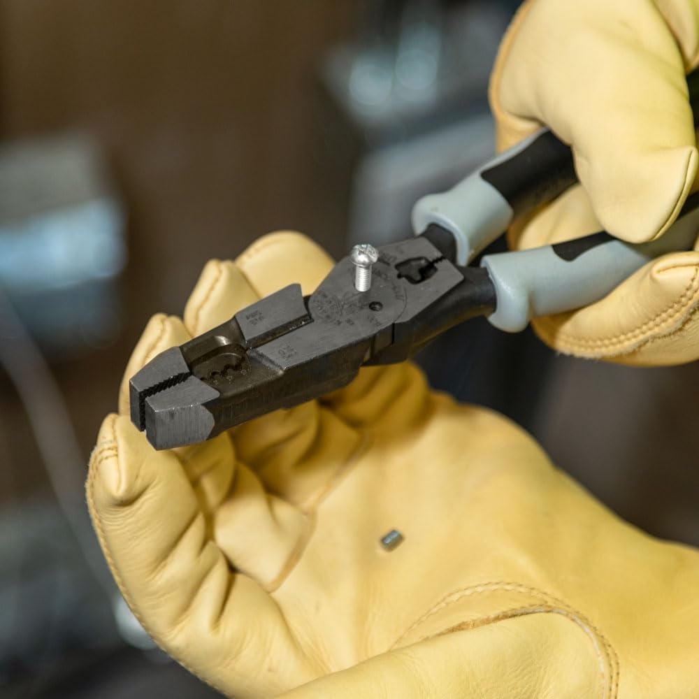 Klein Tools J2159CRTP - Alicates de corte lateral, fabricados en Estados Unidos, alicates híbridos de alto apalancamiento de 9 pulgadas con engarzador, extractor de cinta de pescado y pelacables