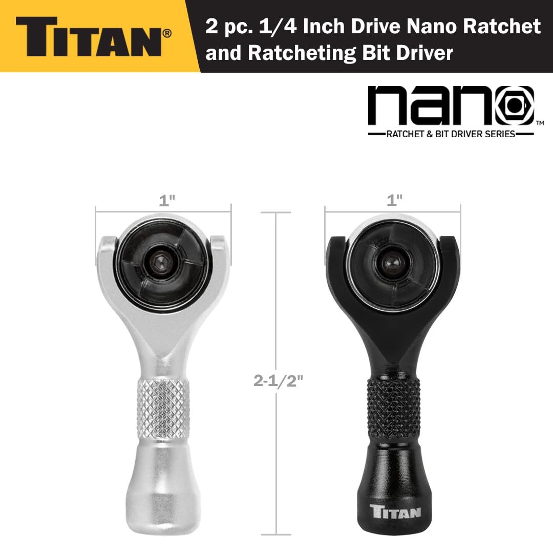Titan 11332 Juego de 2 piezas: matraca nano de 90 dientes y destornillador de brocas con cabeza giratoria, cuadro de 1/4 pulgadas x 2-1/4 pulgadas (6.35 mm x 57.15 mm)