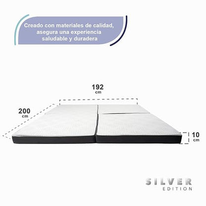 Memory Foam Silver Edition | Colchón/Colchoneta Plegable para Invitados y Visitas con Maleta de Transporte, Soporte Confortable, Portátil y Fácil de Guardar, Blanco con Gris