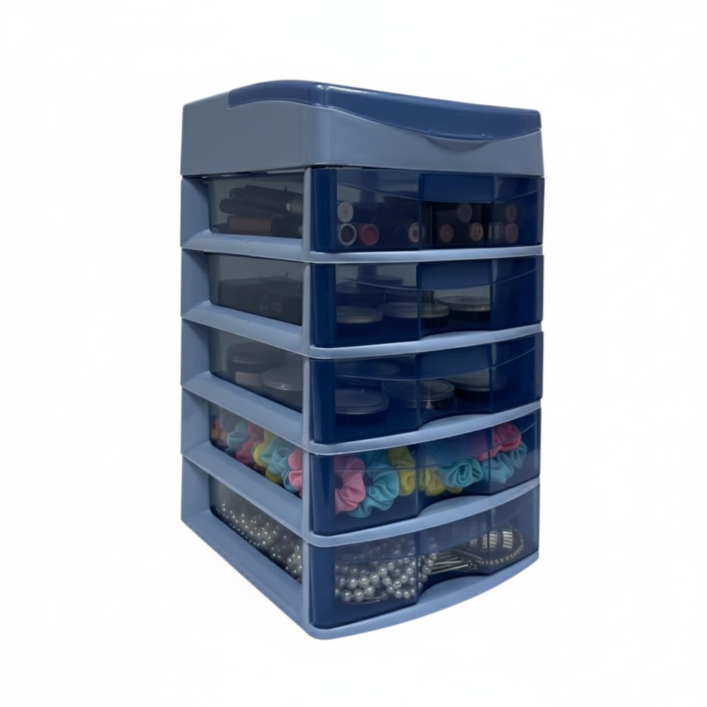 Italhome Cajonera de Plástico Sesia Azul, Mini Organizador de Escritorio Multiusos con 5 Cajones Transparentes