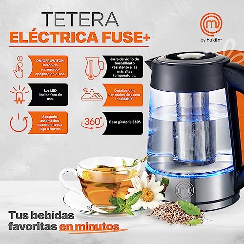 Hukën x Masterchef | Tetera eléctrica Fuse+ | Hervidor eléctrico | Tetera de vidrio | Infusor Removible | Tetera de acero inoxidable Base Giratoria | 1.7 litros