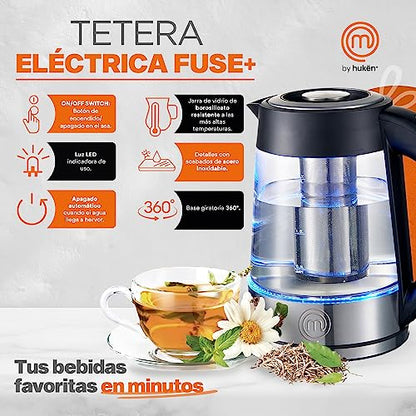 Hukën x Masterchef | Tetera eléctrica Fuse+ | Hervidor eléctrico | Tetera de vidrio | Infusor Removible | Tetera de acero inoxidable Base Giratoria | 1.7 litros