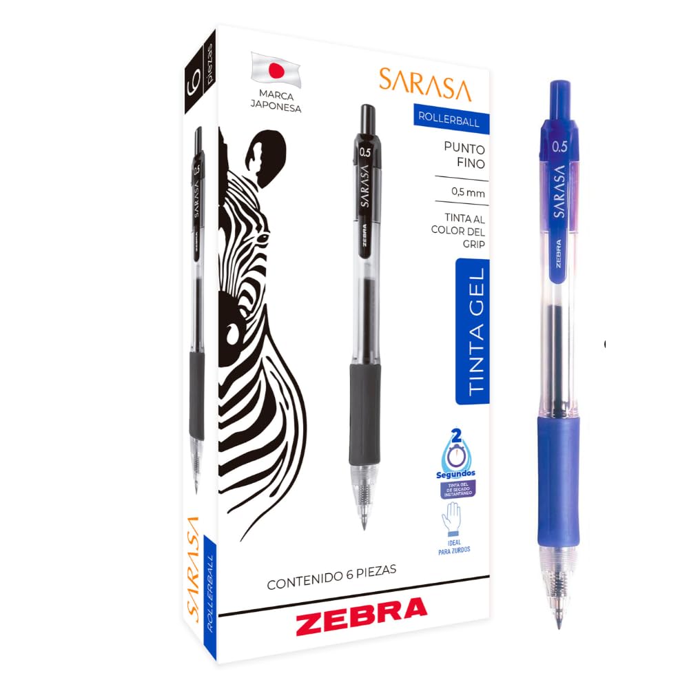 Bolígrafo retráctil Zebra Sarasa punto 0.5 mm tinta gel, caja de 6 - Azul