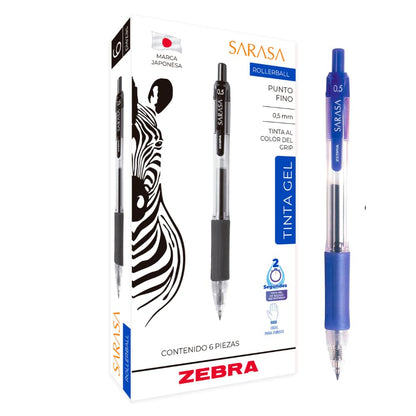 Bolígrafo retráctil Zebra Sarasa punto 0.5 mm tinta gel, caja de 6 - Azul
