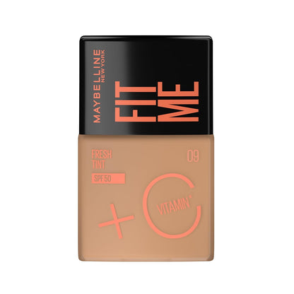 Maybelline Base de maquillaje Fit Me Fresh Tint 09, 30 ml, larga duración, alta cobertura, para todo tipo de piel, fórmula con Vitamina C y protector solar FPS50