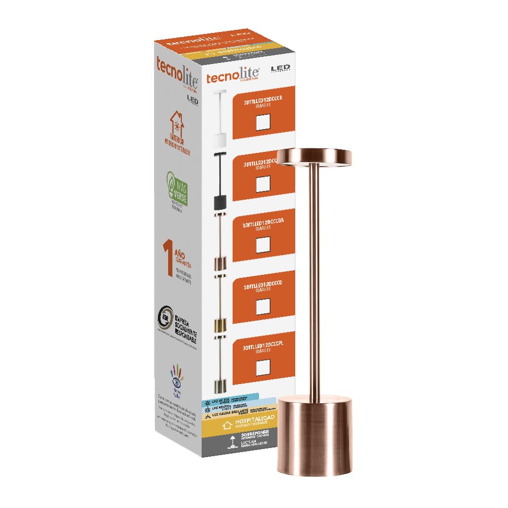 Tecnolite - Lámpara de Mesa LED 3 W Portátil, Recargable, Luz Blanca Ajustable y Atenuable Táctil, Lámpara Interior para Restaurante